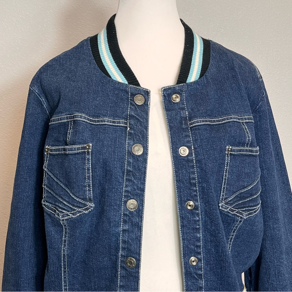 Vtg Baby Phat Y2K Denim Bomber Varsity Jean Jacket Size L Streetwear Retro Style - Picture 5 of 15